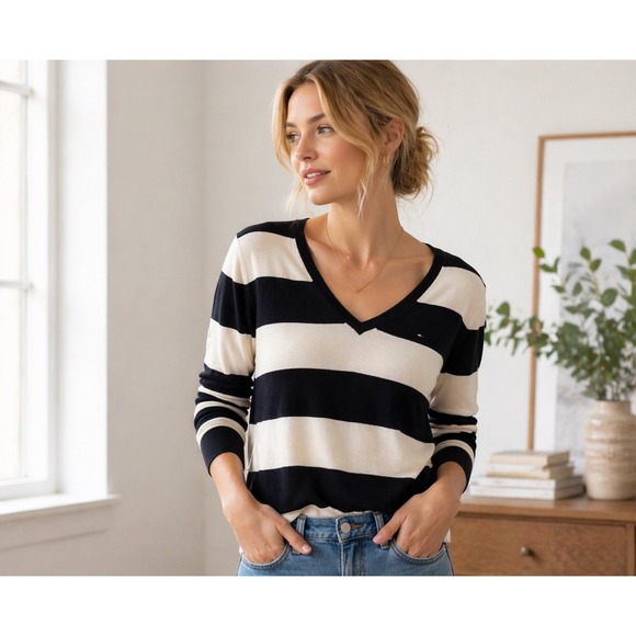 Tommy Hilfiger Sweaters - Tommy Hilfiger Womens Rugby Striped V-Neck Sweater Navy  Cream Knit Pullover Med